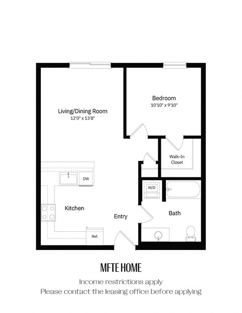A floor plan of an MFTE home with income restrictions apply and a note to contact the leasing office before applying.
